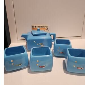 NWT square teapot and 4 cups blue with fish